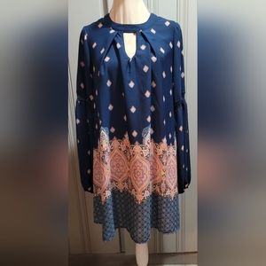Hint of Mint Paisley Print Boho Dress Tunic Blue Pink Size Medium